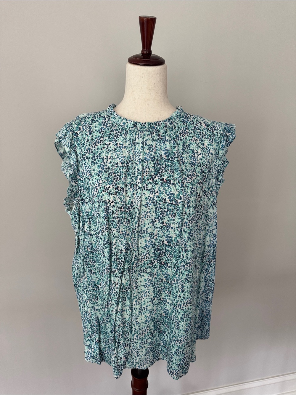 LOFT Sleeveless Ruffle-Trim Floral Blouse in Teal